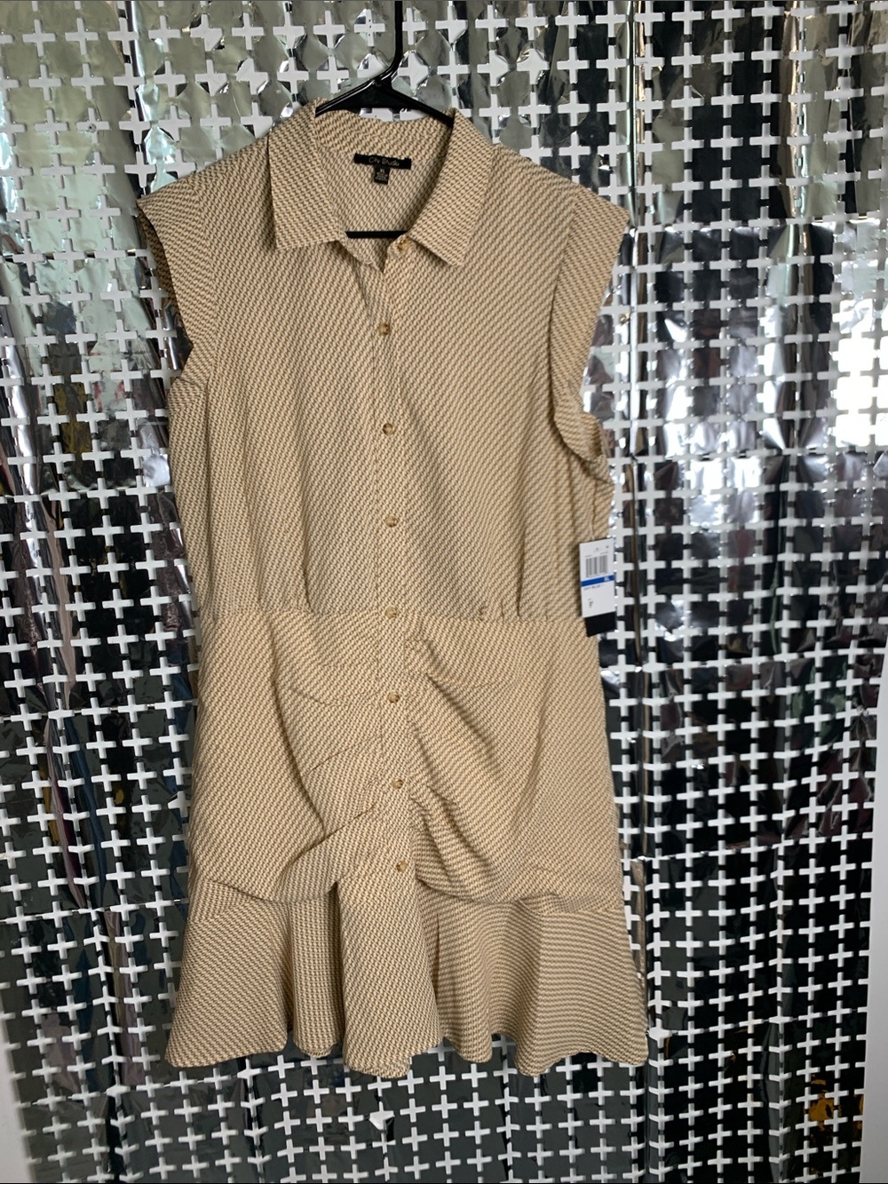 City Studio Beige Patterned Button-Down Midi Dress